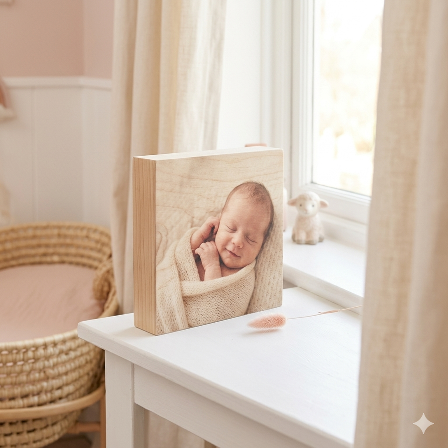Square wooden photo block with sleeping newborn baby photo on nursery windowsill