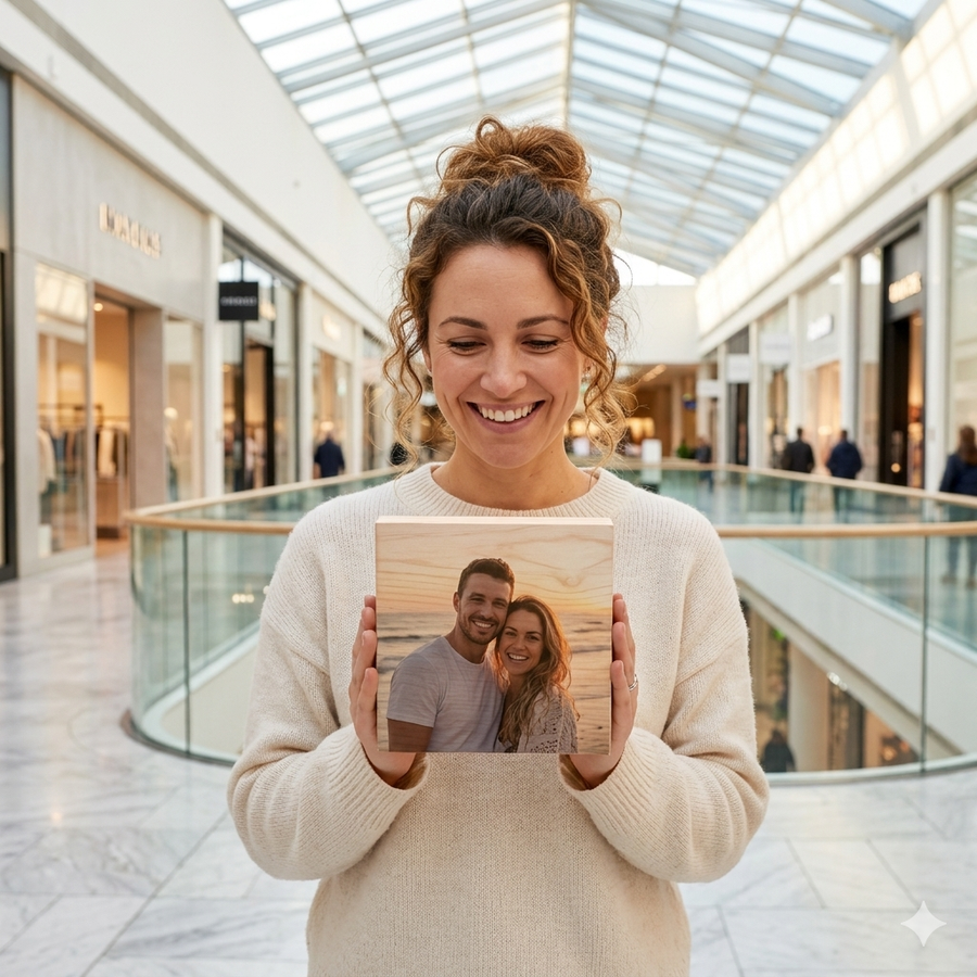 Woman smiling holding a personalised wooden photo block in a bright shopping centre