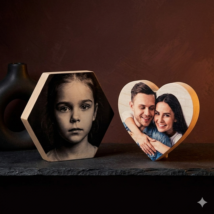 Hexagon and heart shaped wooden photo blocks displayed together on a dark moody shelf