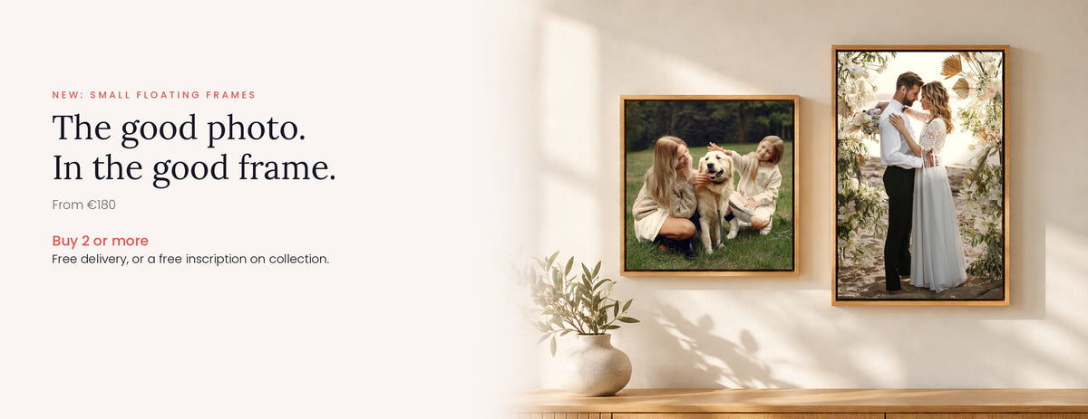 Two small oak floating frames on a warm wall: a mother, daughter and golden retriever, and a wedding couple under a floral arch. Buy 2 or more for free delivery.
