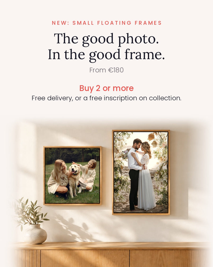 Two small oak floating frames on a warm wall: a mother, daughter and golden retriever, and a wedding couple under a floral arch. Buy 2 or more for free delivery.