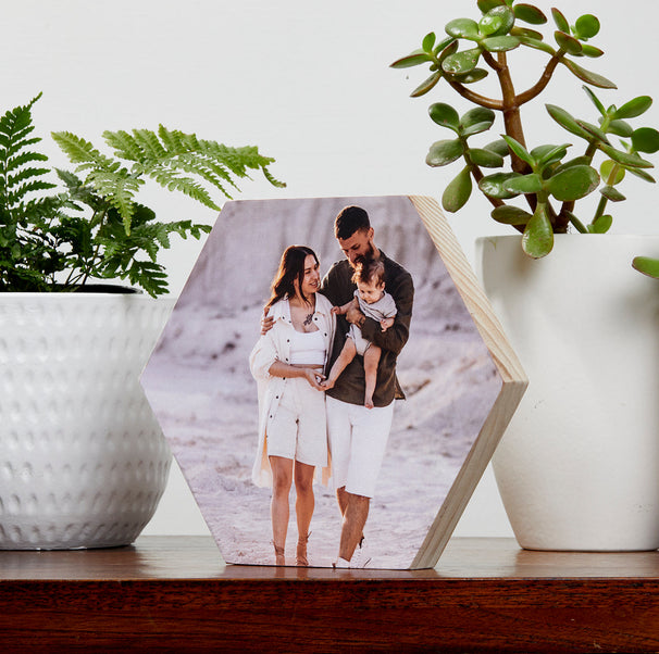 Hexagonal pine wooden photo block with a printed personal photograph