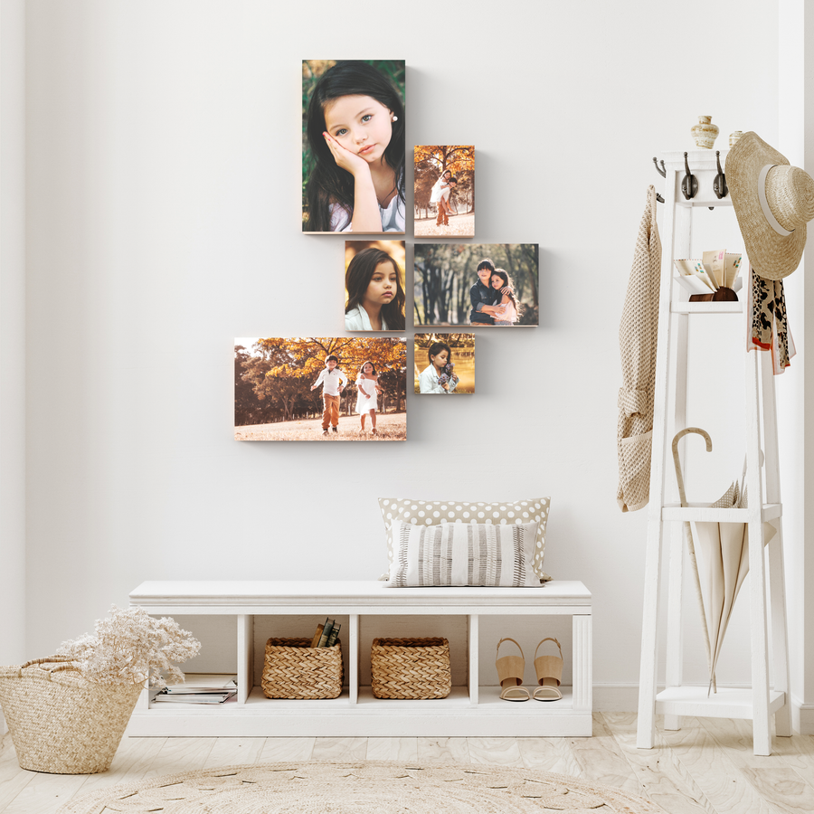 Mika set of 6 — six square pine wooden photo blocks with printed personal photographs